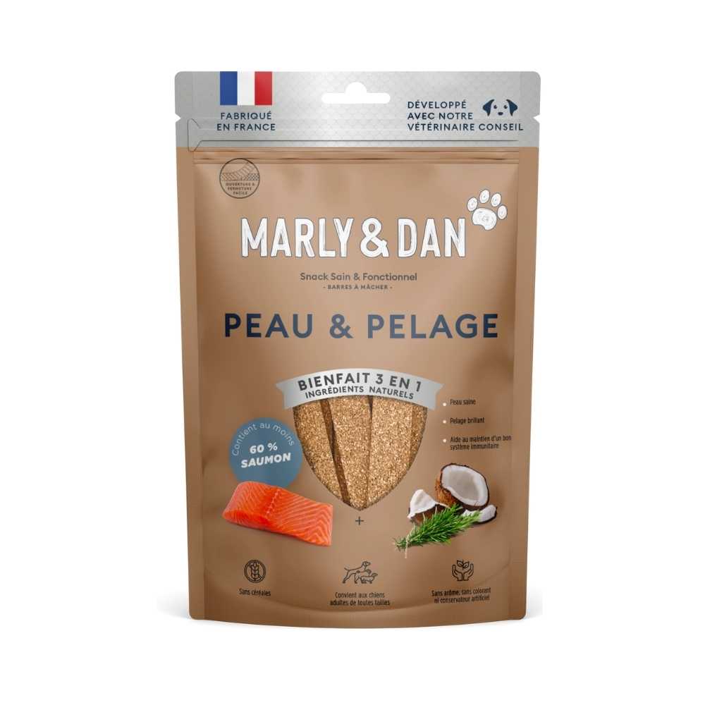 Friandises sous forme de barres à mâcher Marly & Dan pour la peau et le pelage des chiens