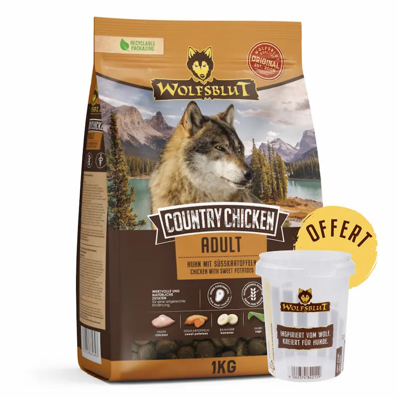 Croquettes Wolfsblut Country Chicken 1 kg + 1 verre doseur offert