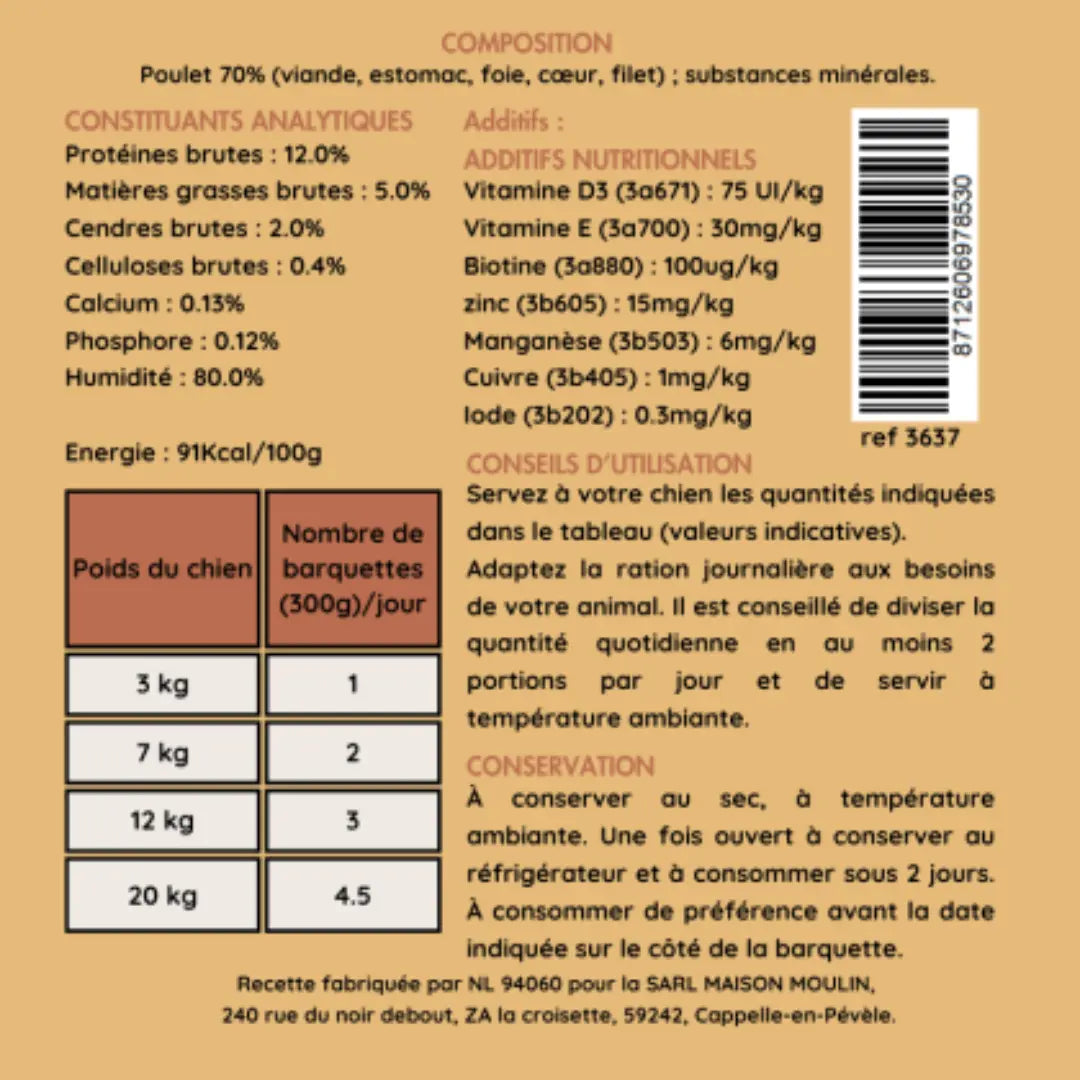 Pâtée au poulet Chien Maison Moulin