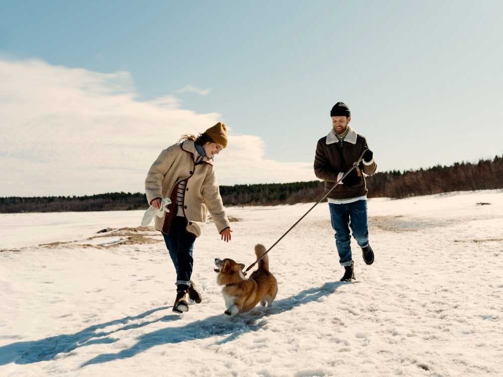 un couple court sur la neige avec un chien