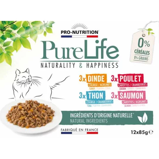 Pâtée 4 variétés multi-goûts sans céréales pour chat Pure Life